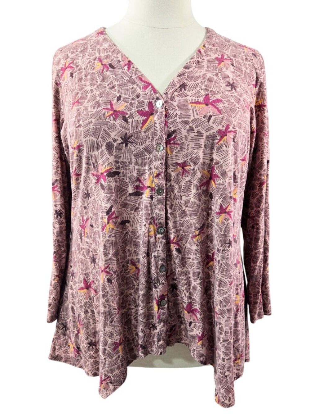 LOGO Lori Goldstein Pink Abstract Floral Button-Up Handkerchief Hem V-Neck Tunic